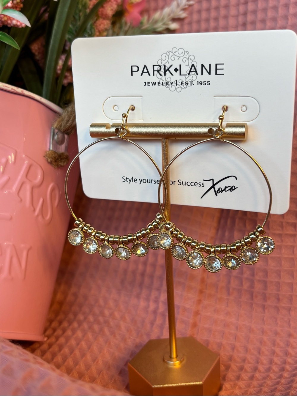 Park Lane Dazzling Gold Hoop Earrings with Clear Crystal Accents - Picture 3 of 6